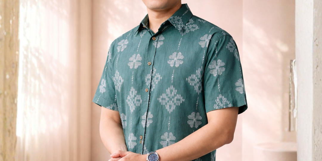 Man wearing a green patterned shirt standing indoors with neutral decor