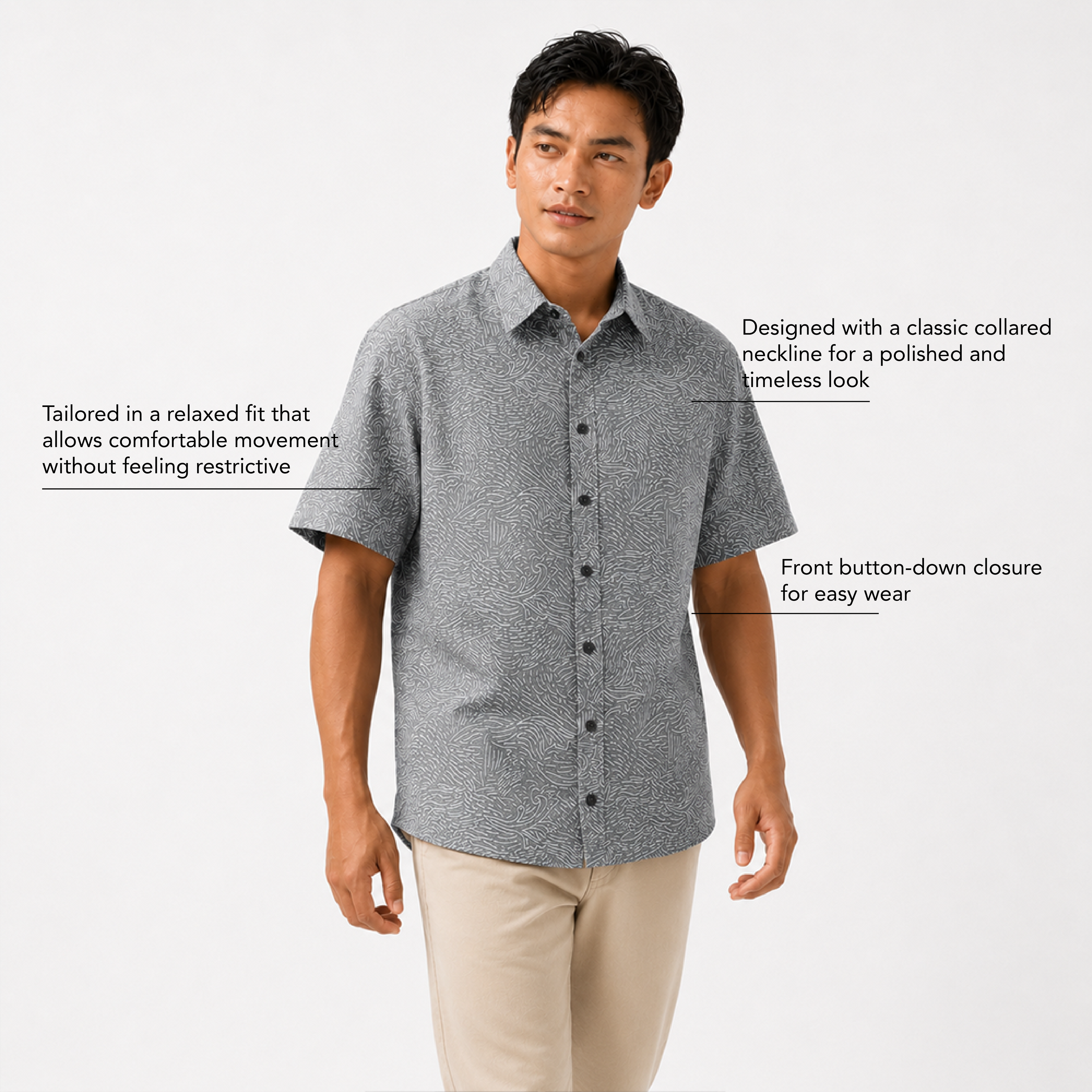 Man wearing a gray patterned shirt with text describing its features on a white background