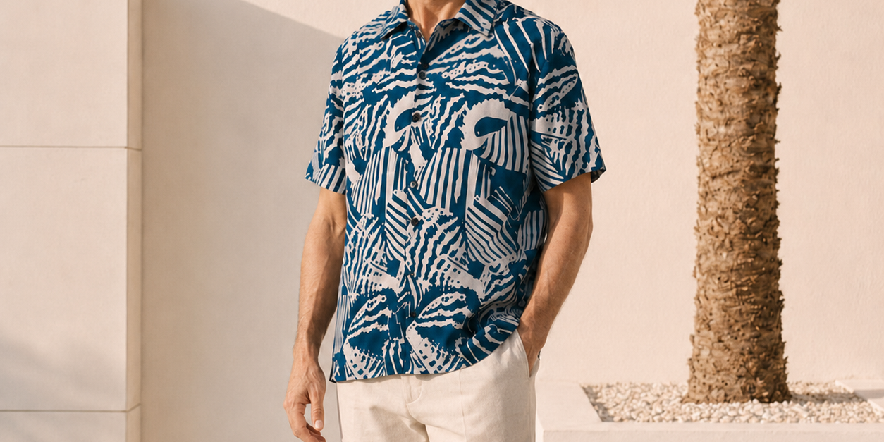 Man Posing in Blue Printed Button Up with a resort background