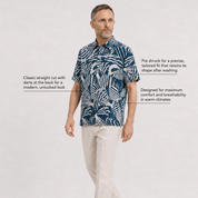 A man wearing a blue button-up shirt with a blue shell pattern, on a white background with shirt details.