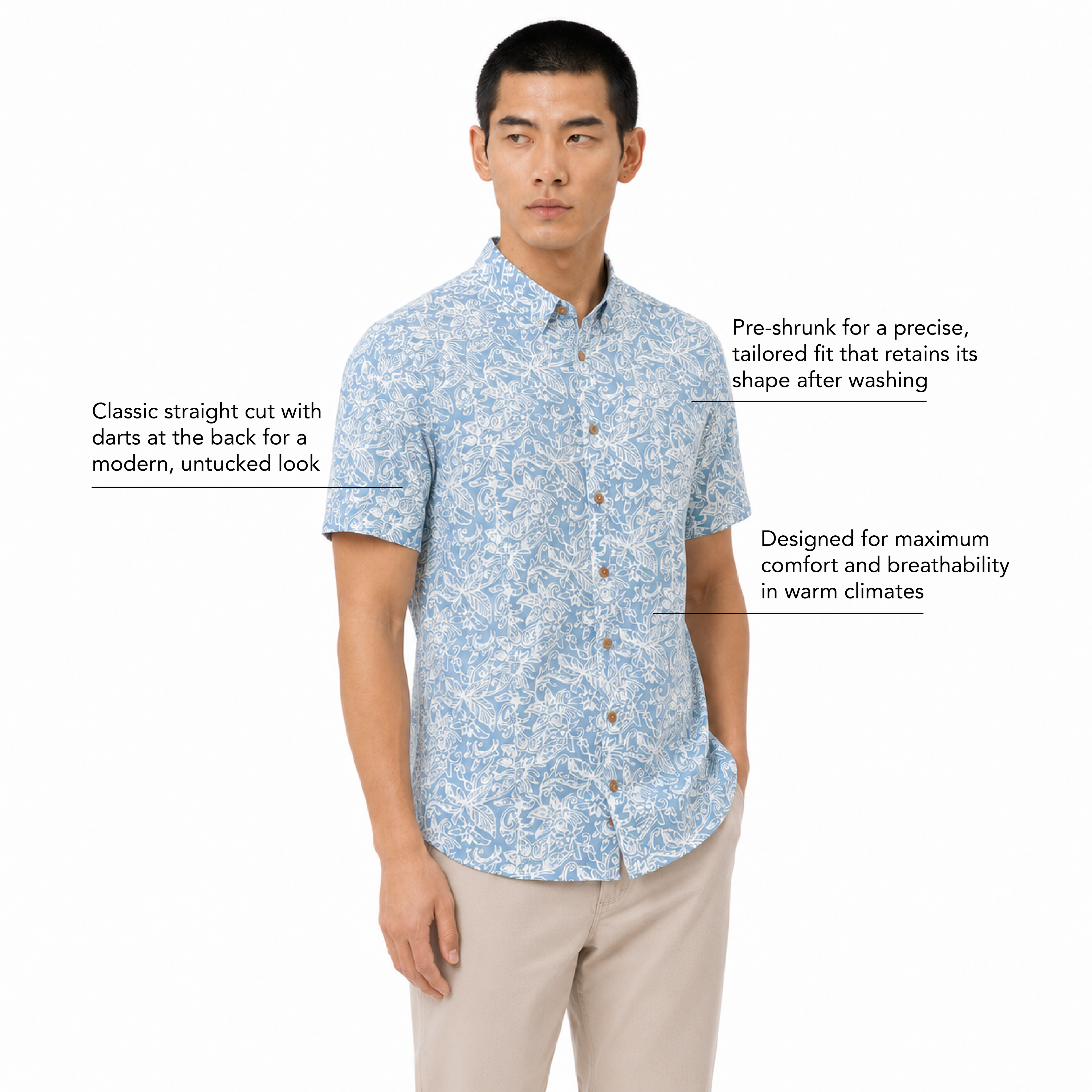 Man wearing a blue patterned shirt with text describing shirt features on a white background