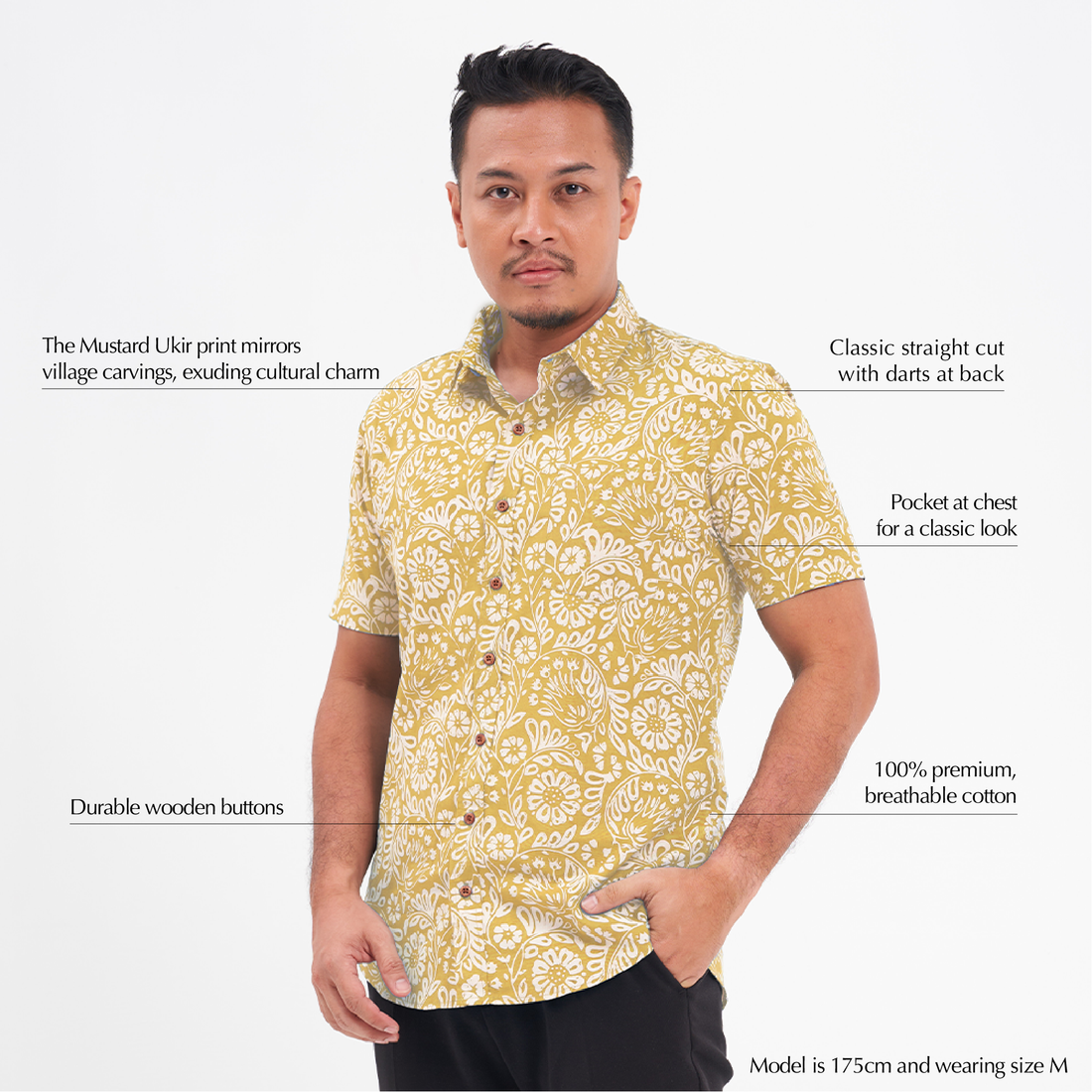 a male model with featurs of a batik shirt in the pattern mustard ukir