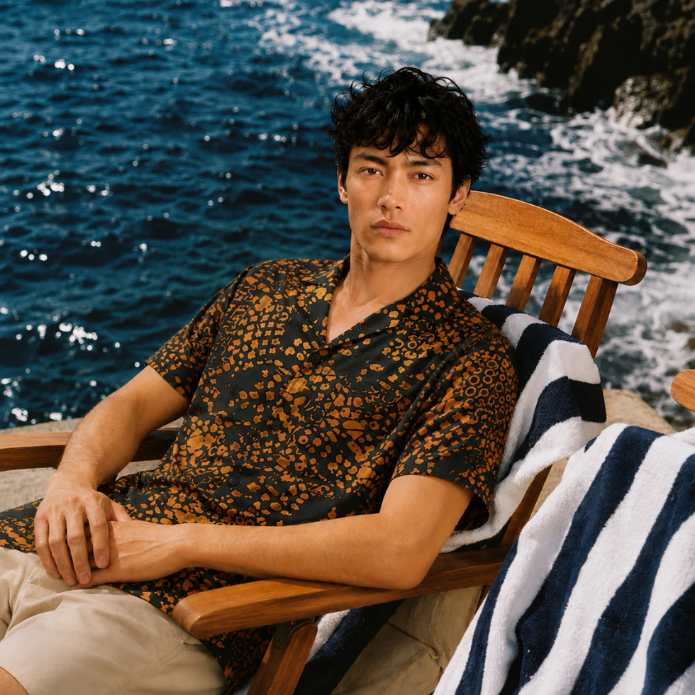 A man sits in a wooden chair by the ocean wearing a short-sleeve button-up shirt with a black base and orange floral pattern, paired with beige pants. A navy and white striped towel rests on the chair beside him.