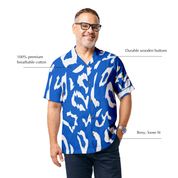 Man wearing blue printed batik shirt, posing with annotated details by the side