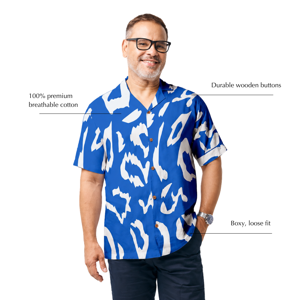 Man wearing blue printed batik shirt, posing with annotated details by the side