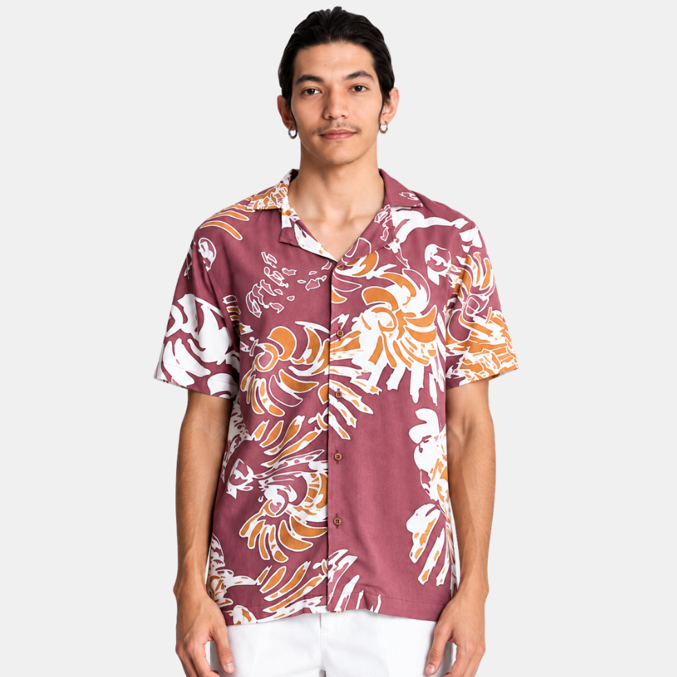Man showing front side of maroon shirt
