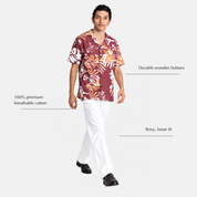 Man wearing maroon printed batik shirt with labelled features