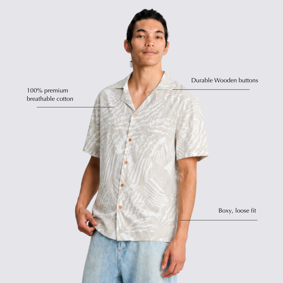 Man wearing gray printed batik shirt with features displayed