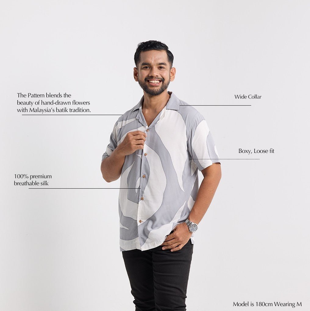 Man wearing a patterned shirt with text describing its features on a white background