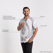 Man wearing a patterned shirt with text describing its features on a white background