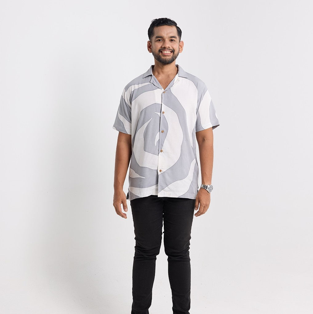 Men's Cuban Batik Shirt - Silver Rose