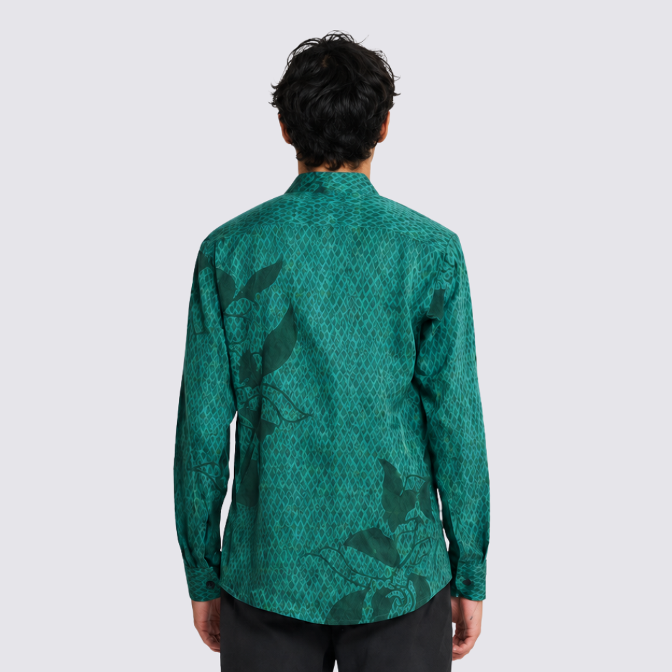 Men's Long-Sleeved Batik Shirt - Emerald Blooming Lace