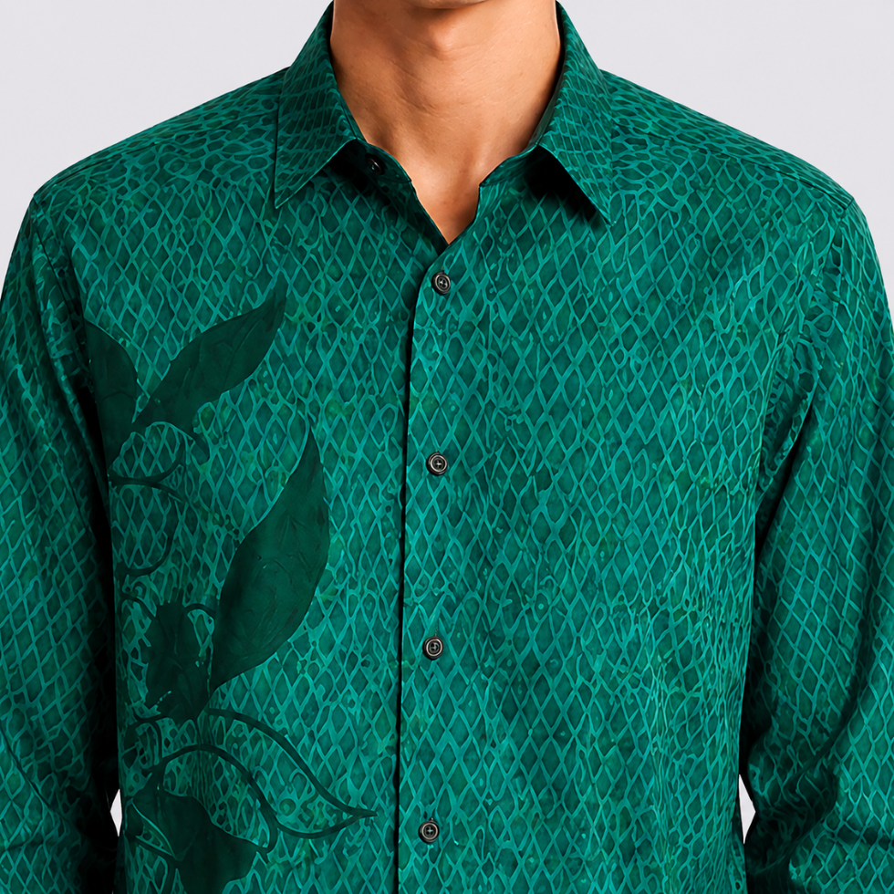 Men's Long-Sleeved Batik Shirt - Emerald Blooming Lace