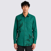 Men's Long-Sleeved Batik Shirt - Emerald Blooming Lace