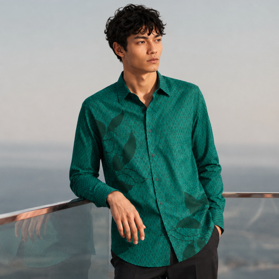 Men's Long-Sleeved Batik Shirt - Emerald Blooming Lace