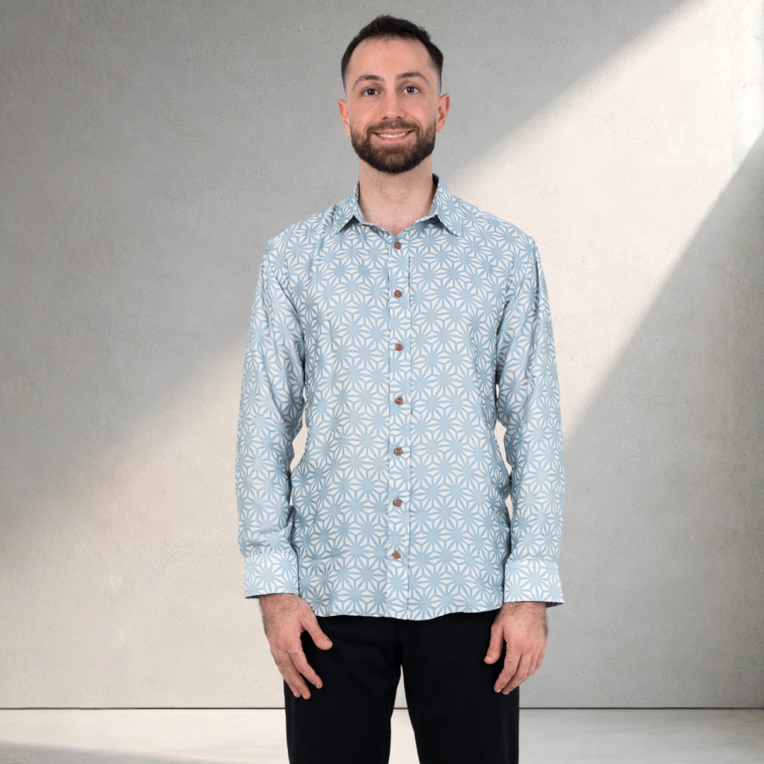 Men's Long-Sleeved Batik Shirt - Grey Firework