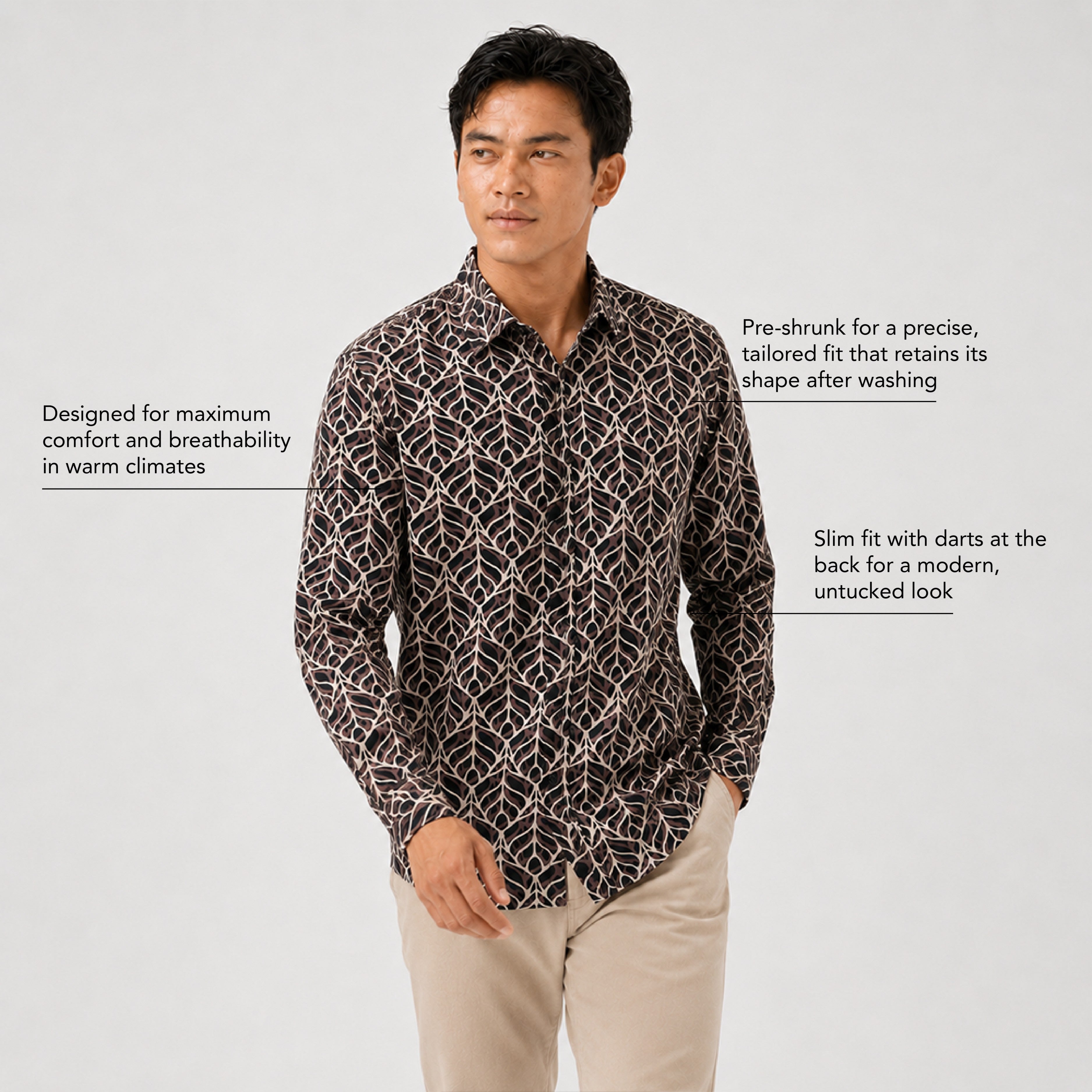 Man wearing a patterned shirt with text about its features on a light gray background
