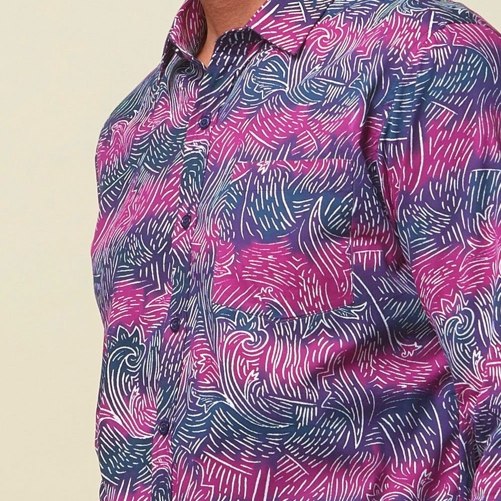 Men's Long-Sleeved Batik Shirt - Maroon Driftwood - Batik Boutique