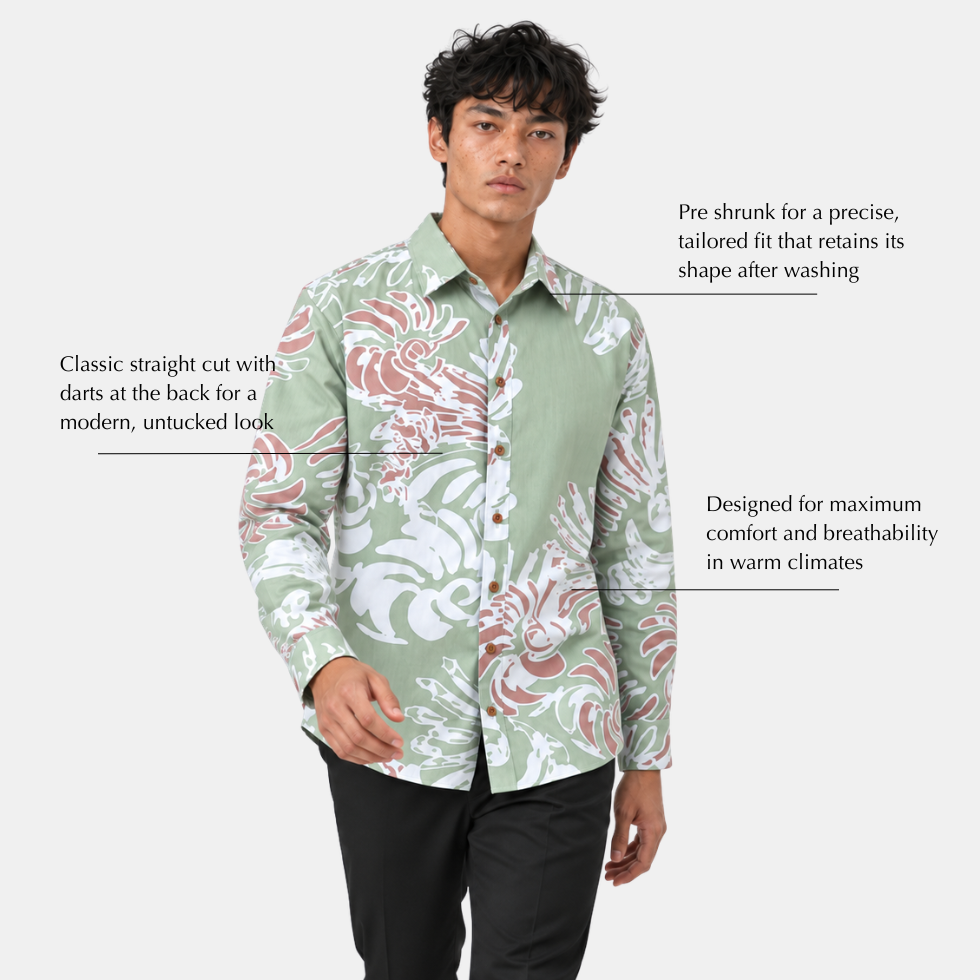 Man wearing a patterned shirt with text about its features on a light gray background