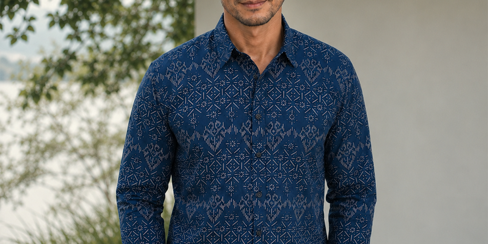 A man wearing a long-sleeve button-up shirt with a dark blue and gray geometric pattern, standing outdoors against a light-colored wall with green foliage in the background.