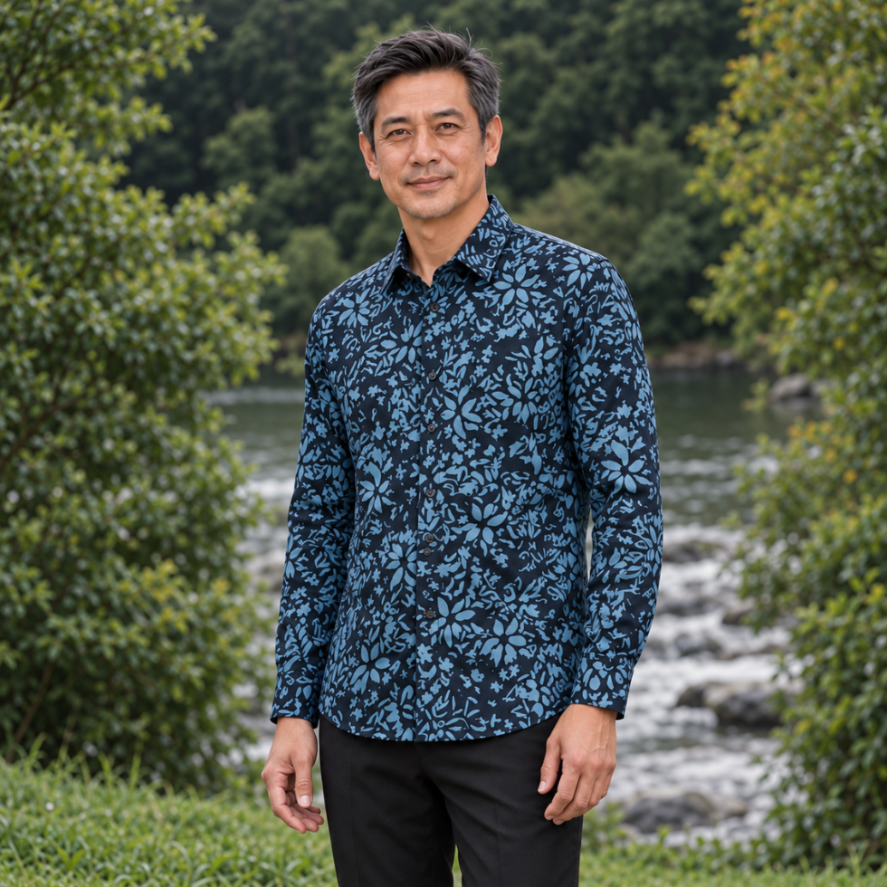 Man wearing blue printed batik shirt standing outside