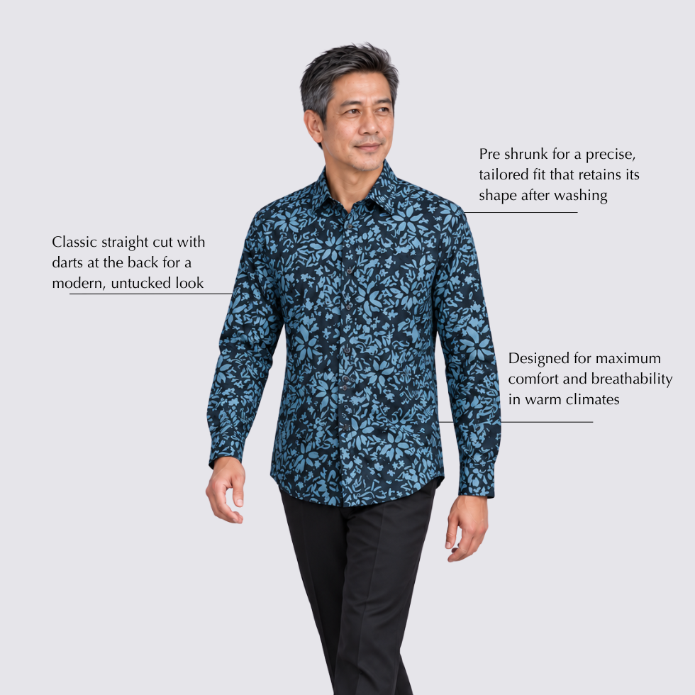 Man wearing blue printed batik shirt with labelled features