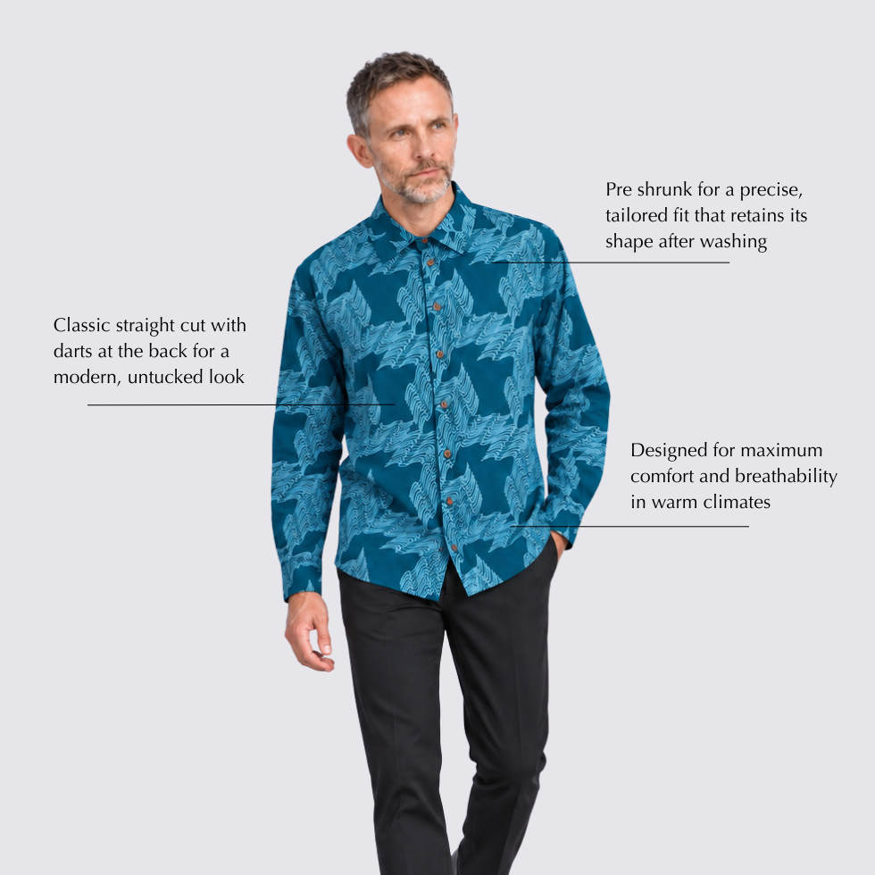 Man wearing blue printed batik with labelled features