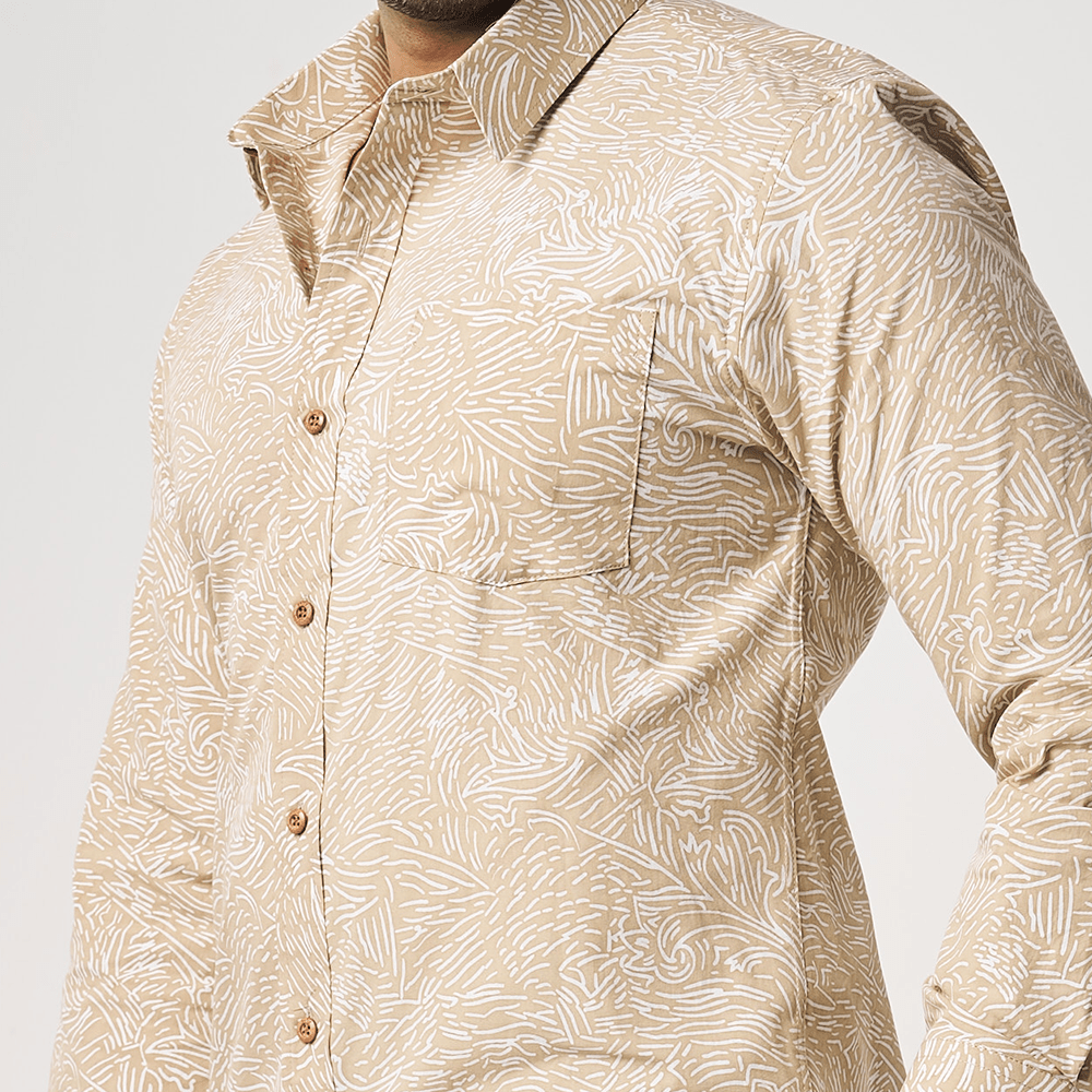 Men's Long-Sleeved Batik Shirt - Tan Driftwood - Batik Boutique