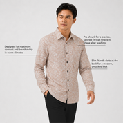 Man wearing a patterned shirt with text about its features on a white background