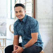 MAn wearing the navy driftwood shirt in a men's lifestyle photo. 