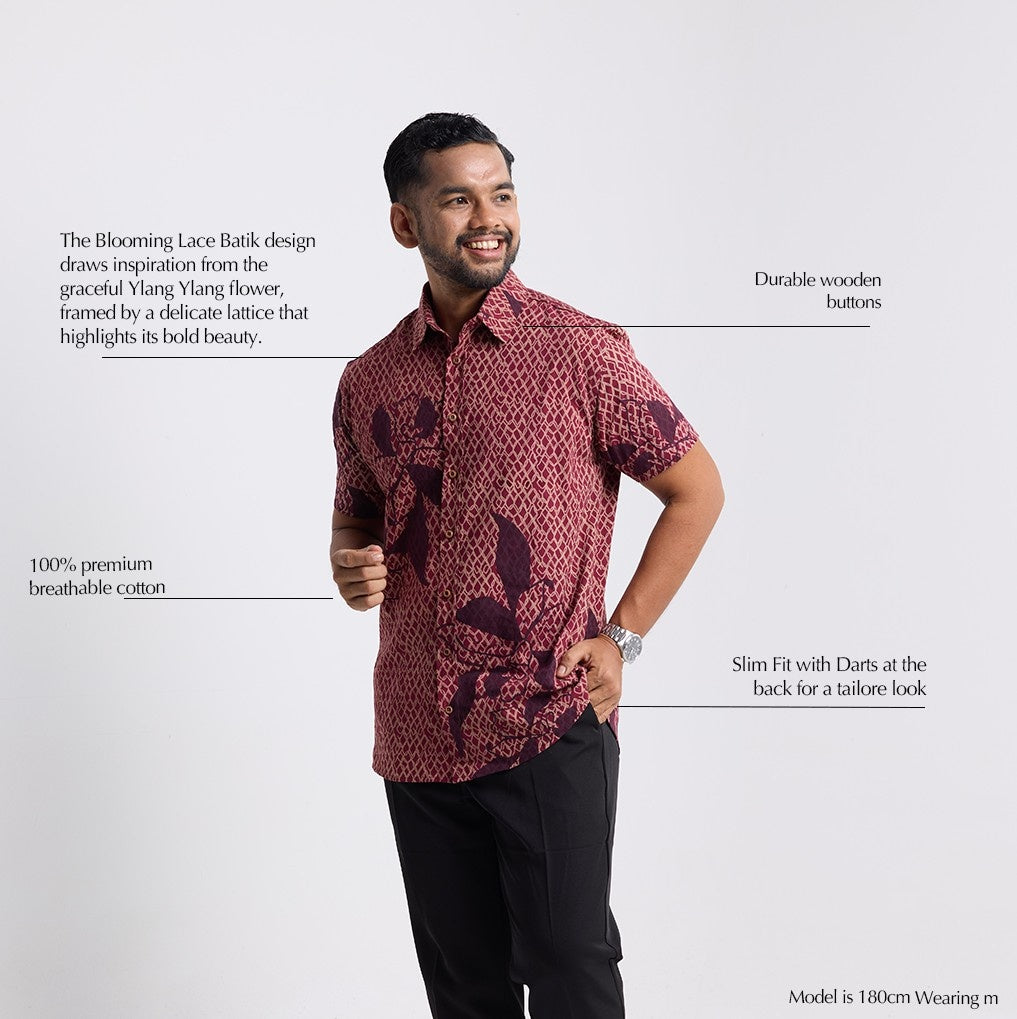 detailed photo of the copper blooming lace men's shirt, with text describing the special qualities  
