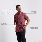 detailed photo of the copper blooming lace men's shirt, with text describing the special qualities  