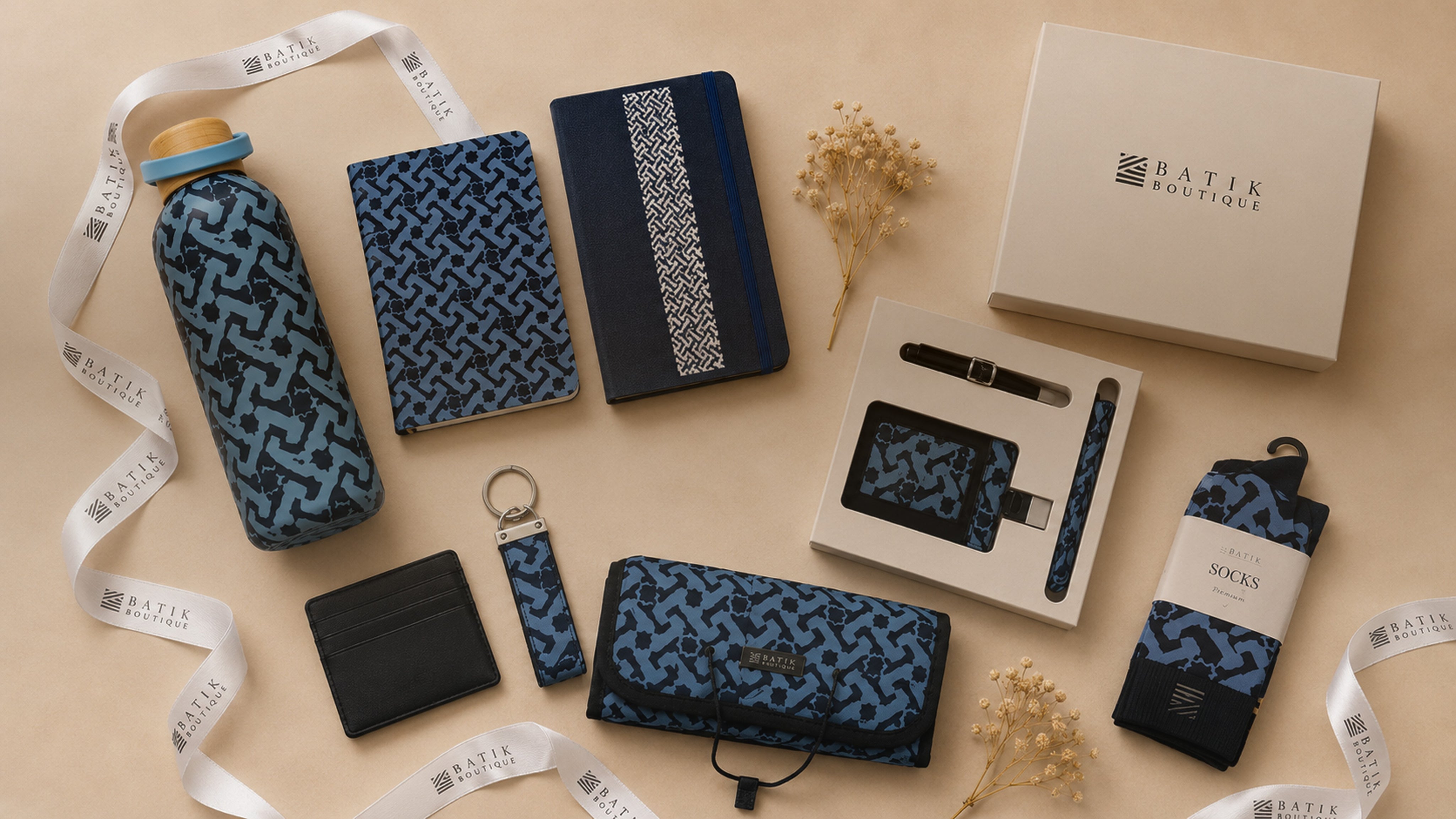 Collection of blue patterned products including bags, wallets, and a box on a beige background.