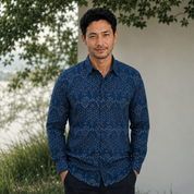 Men's Long-Sleeved Batik Shirt - Navy Anyam