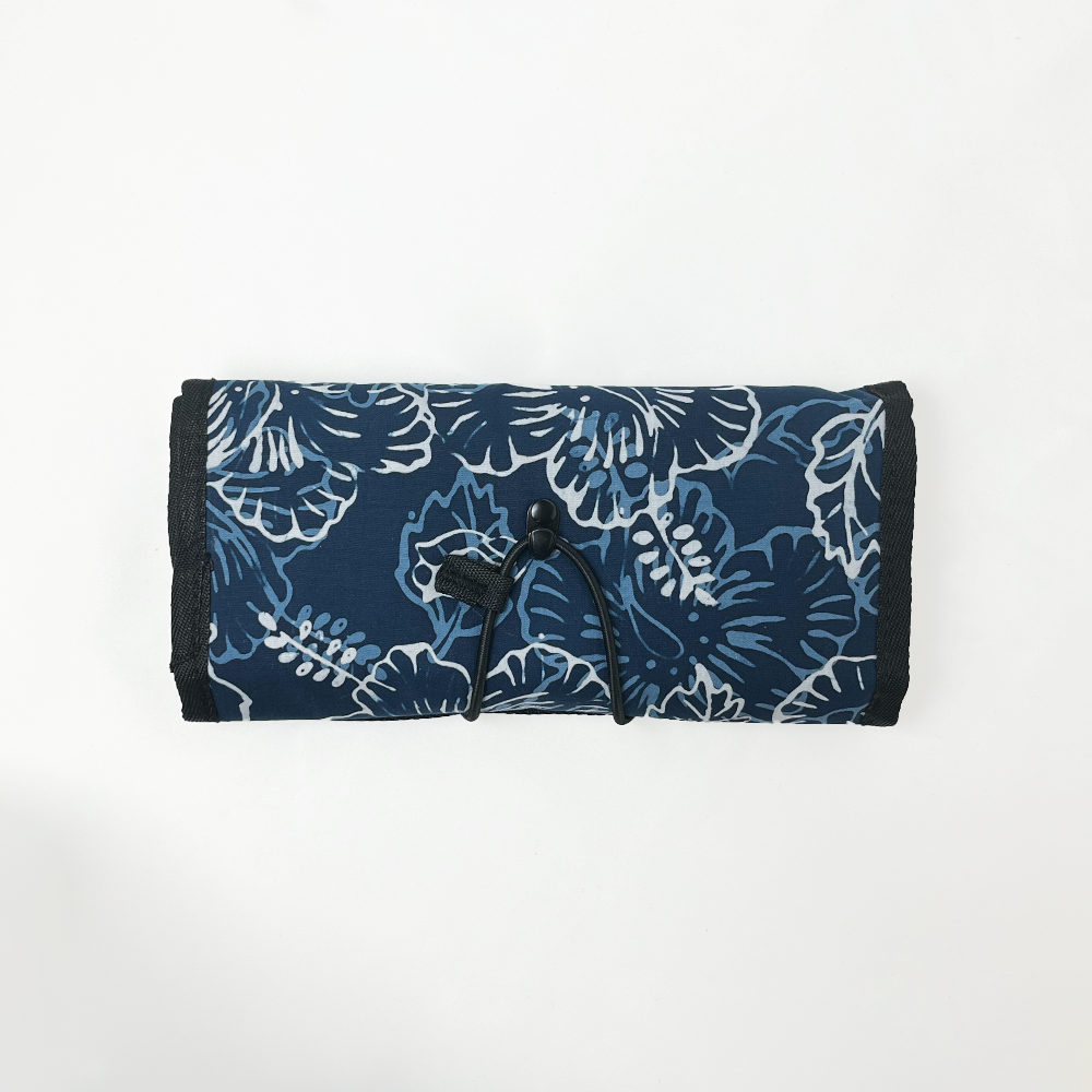 Batik Roll-Up Travel Pouch - Navy Hibiscus