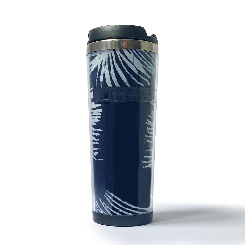 a front view picture of a tumbler made of batik in the navy sawit pattern