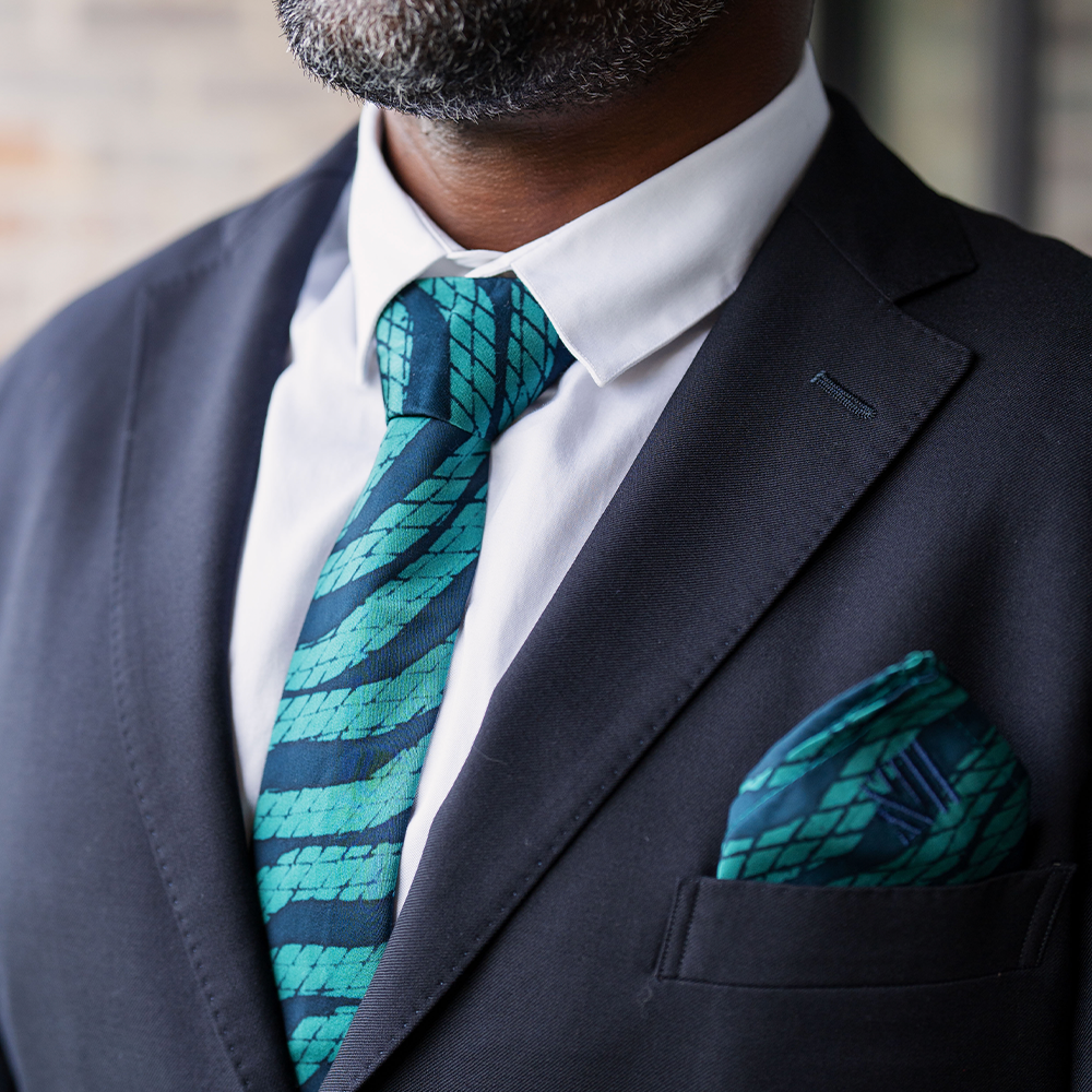 Batik Neck Tie & Pocket Square (Silk Cotton) - Teal Snakeskin