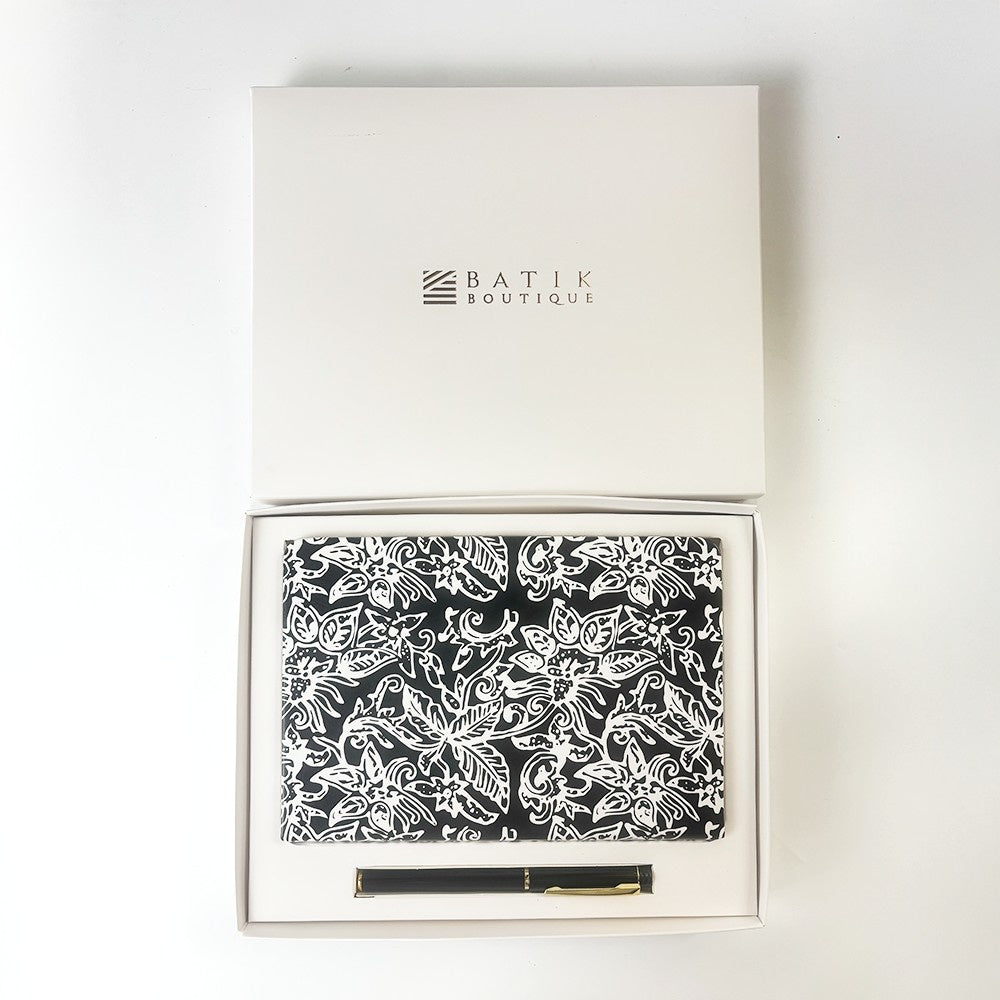 Batik-Inspired Notebook & Pen - Black Floret show ing the box gift set 