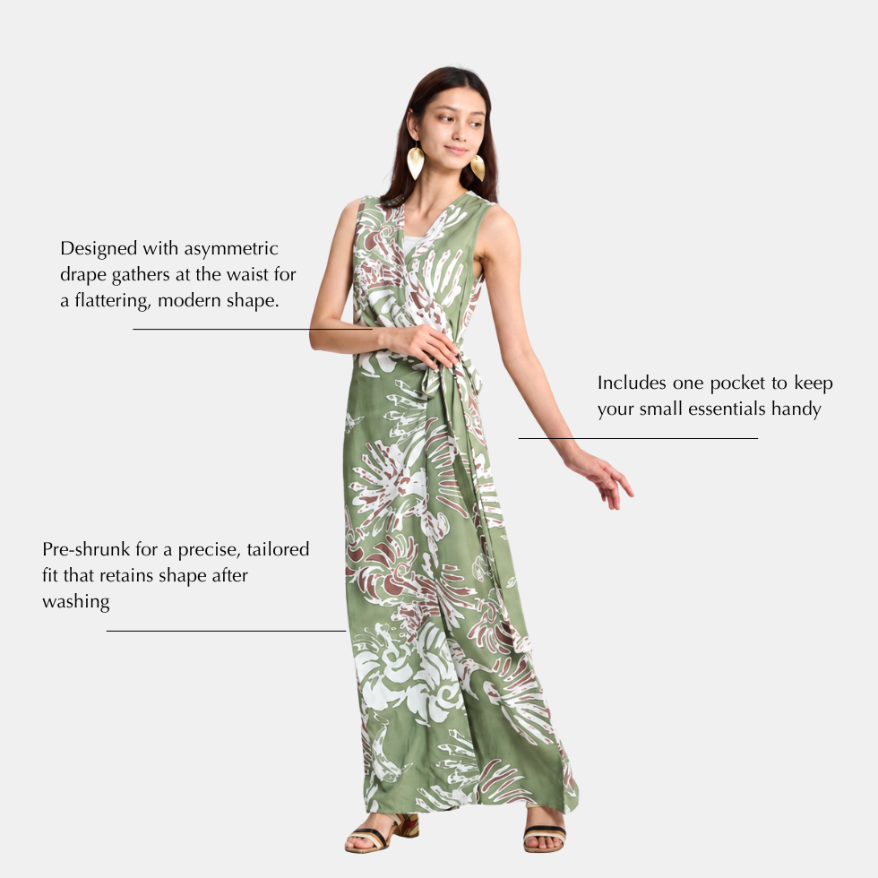 A woman modeling a sleeveless white maxi dress with a light gray abstract pattern, shown against a light green background with text callouts describing its features.
