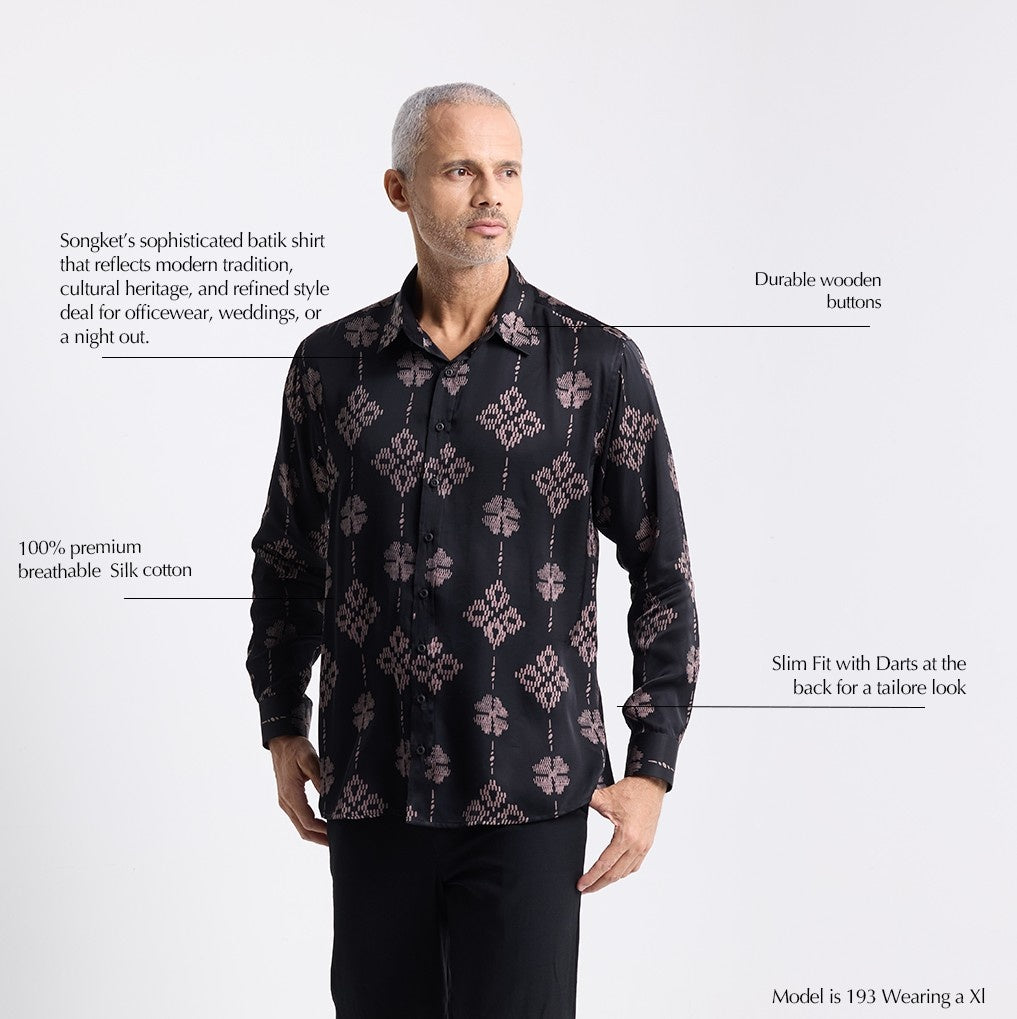 Model wearing Onyx songket Batik shirt  description photo 