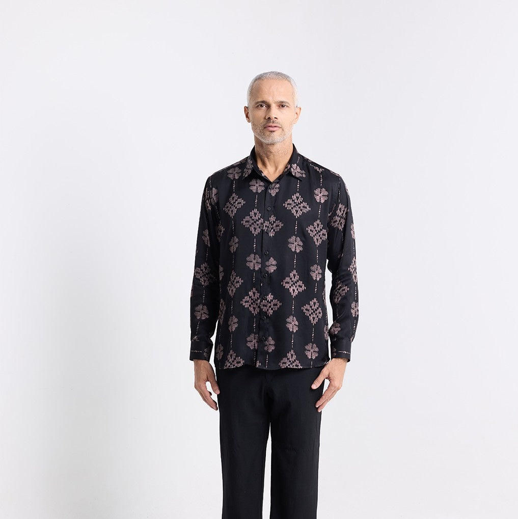 Model wearing Onyx songket Batik shirt front photo 