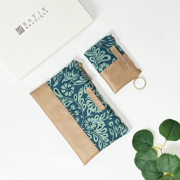 organizer set in the pattern teal ukir in a lifestyle image with a box ready for gifting