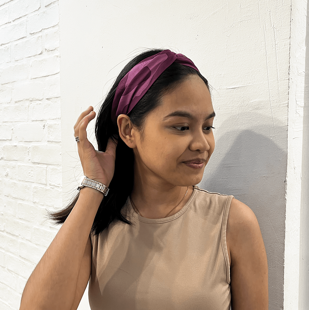 Plum Rimba Batik Headband worn by model – Batik Boutique handmade accessory