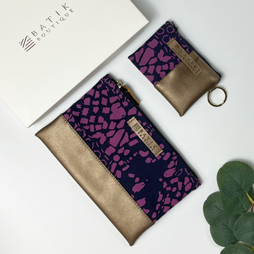 an organizer set with batik zip pouch and card holder wallet against a neutral background with a white gifting box