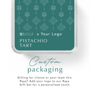 Custom packaging for a pistachio tart with Batik Boutique branding and space for adding a custom logo.
