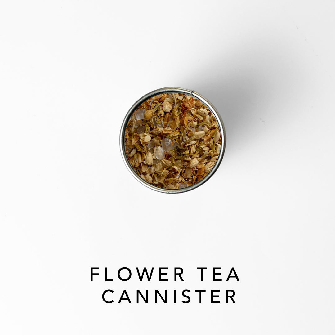 Flower tea cannister on a white background with text 'FLOWER TEA CANNISTER'.