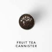 Fruit tea cannister with text on a white background