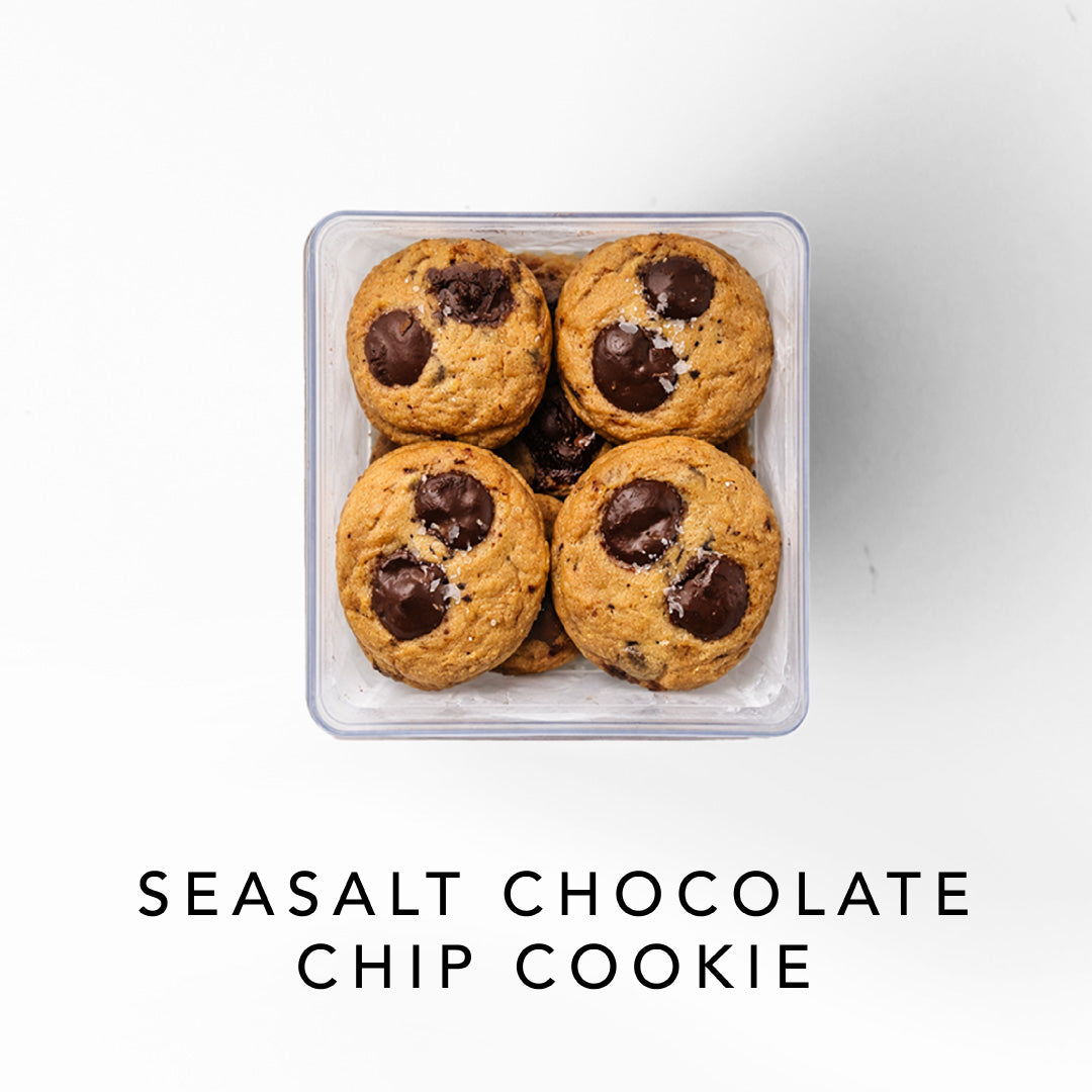 Box of seasalt chocolate chip cookies on a white background