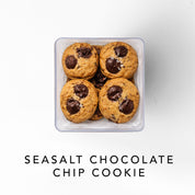 Box of seasalt chocolate chip cookies on a white background