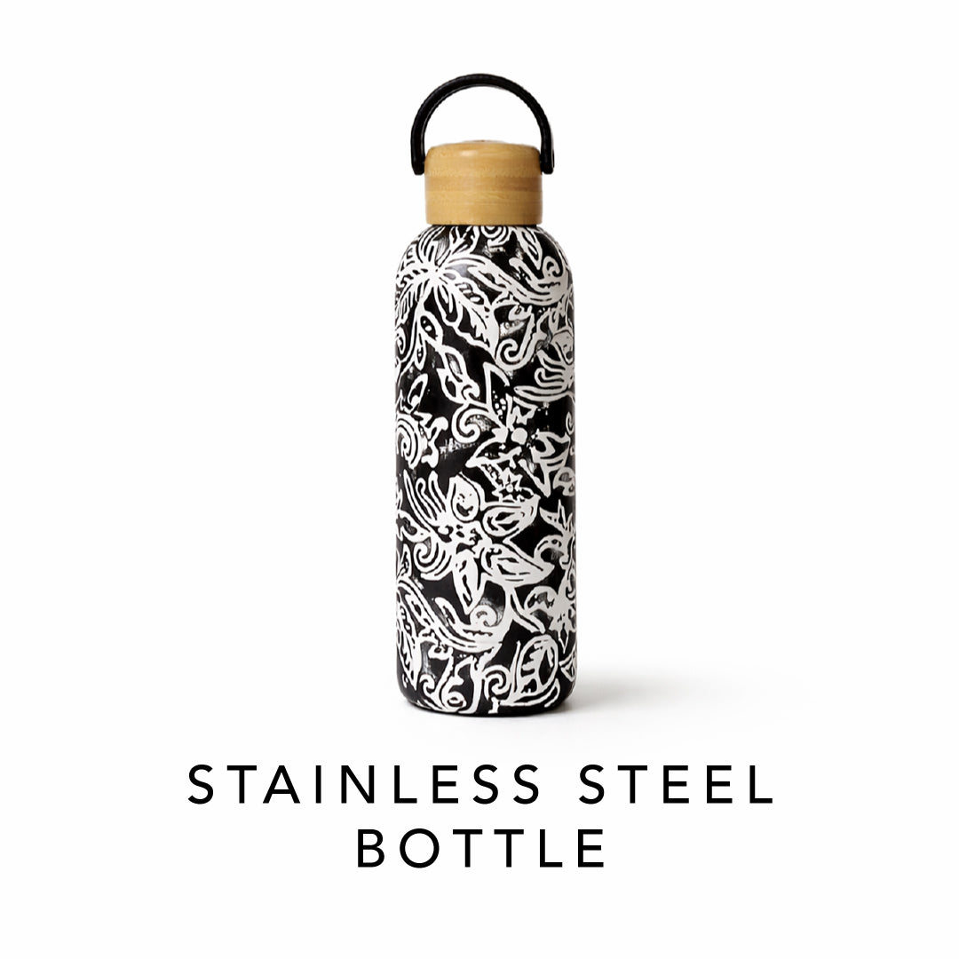 Stainless steel bottle with black and white pattern on a white background